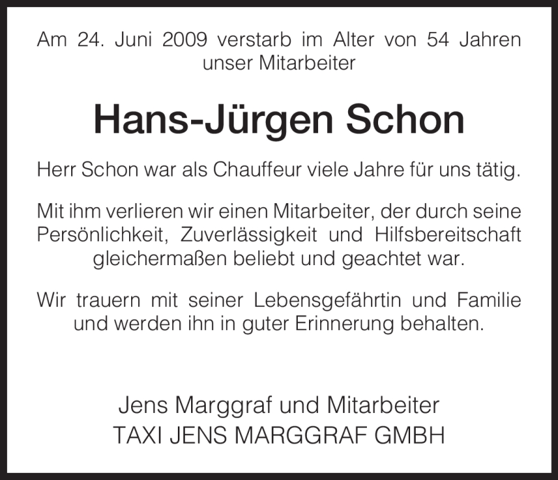  Traueranzeige für Hans-Jürgen Schon vom 29.06.2009 aus HNA