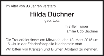 Traueranzeige von Hilda Büchner von HNA