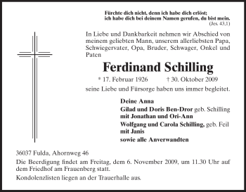 Traueranzeige von Ferdinand Schilling von HNA