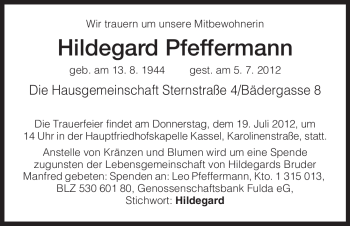 Traueranzeige von Hildegard Pfeffermann von HNA