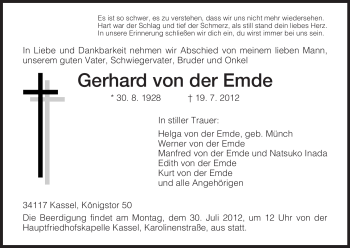 Traueranzeige von Gerhard von der Emde von HNA