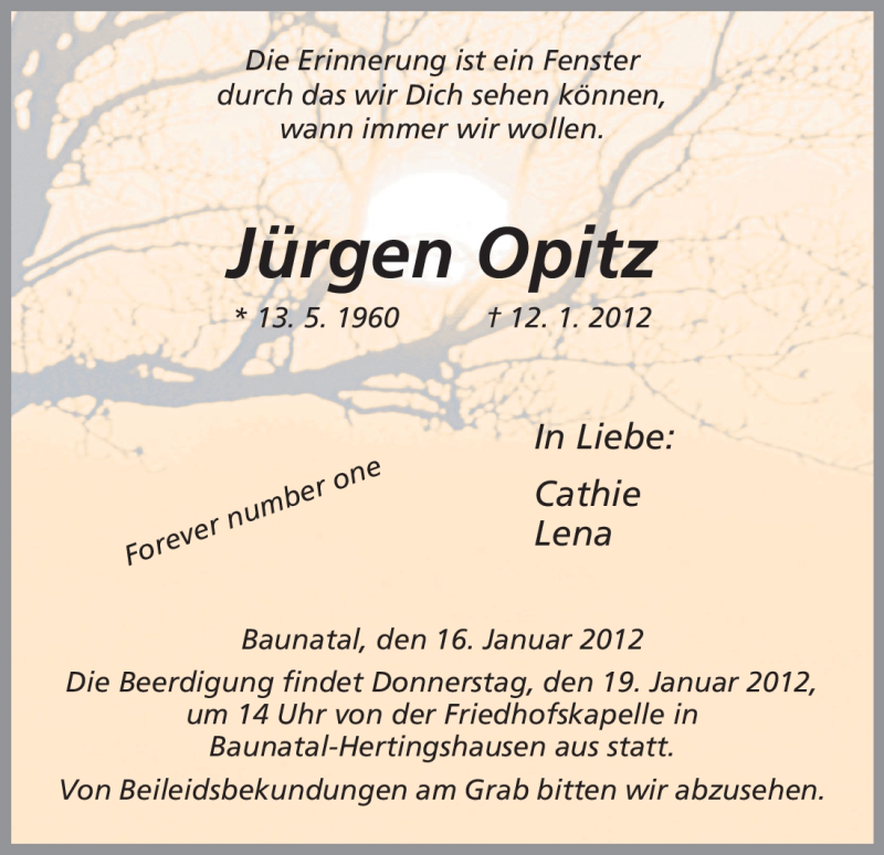  Traueranzeige für Jürgen Opitz vom 16.01.2012 aus HNA