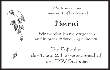 Traueranzeige von Berni Unbekannt von HNA