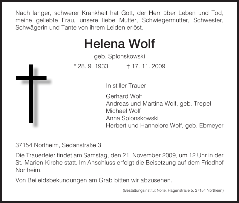  Traueranzeige für Helena Wolf vom 19.11.2009 aus HNA