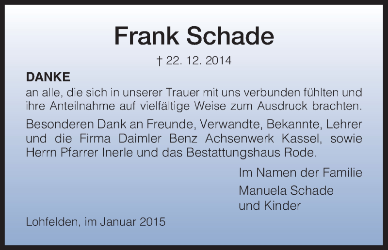  Traueranzeige für Frank Schade vom 17.01.2015 aus HNA