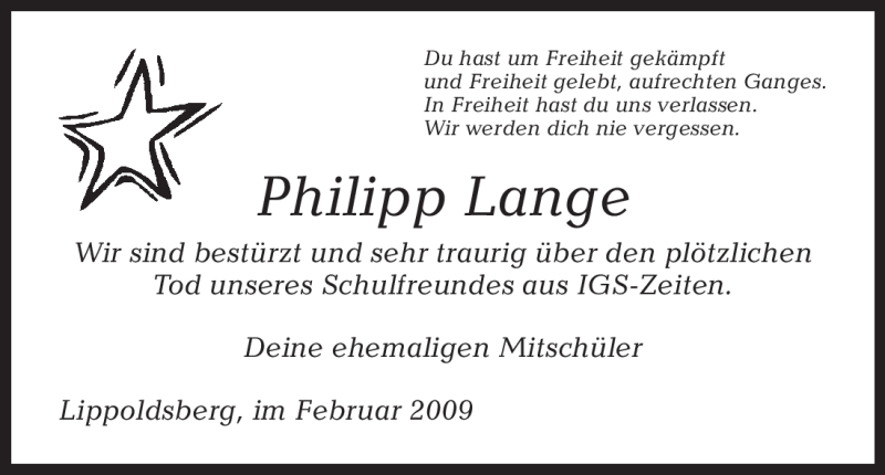  Traueranzeige für Philipp Lange vom 21.02.2009 aus HNA
