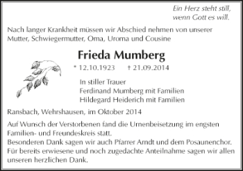 Traueranzeige von Frieda Mumberg von HNA