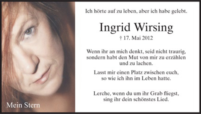  Traueranzeige für Ingrid Wirsing vom 17.05.2013 aus HNA