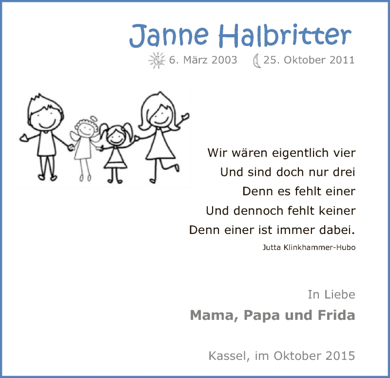  Traueranzeige für Janne Halbritter vom 24.10.2015 aus HNA