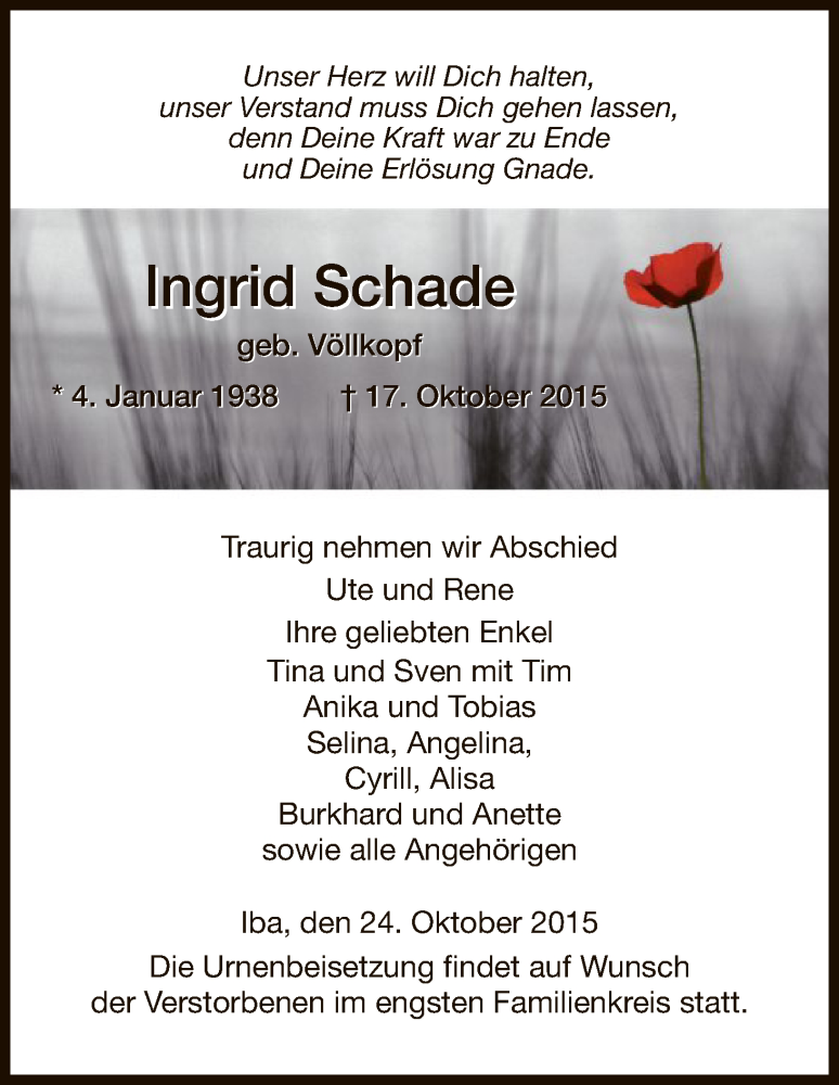  Traueranzeige für Ingrid Schade vom 24.10.2015 aus HNA