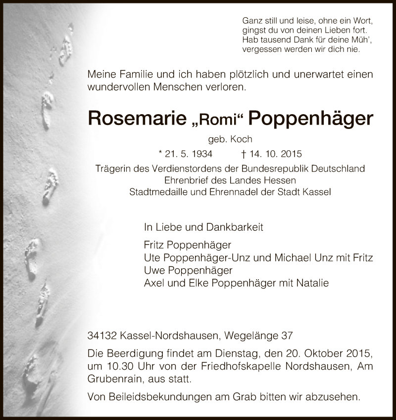  Traueranzeige für Rosemarie Poppenhäger vom 17.10.2015 aus HNA