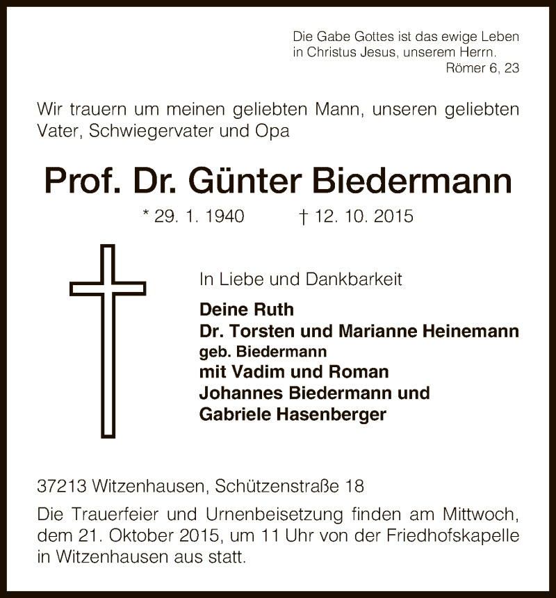  Traueranzeige für Günter Biedermann vom 17.10.2015 aus HNA