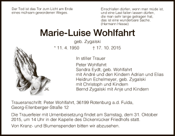 Traueranzeige von Marie-Luise Wohlfahrt von HNA