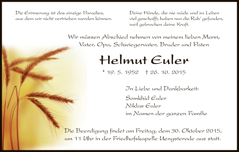  Traueranzeige für Helmut Euler vom 29.10.2015 aus HNA