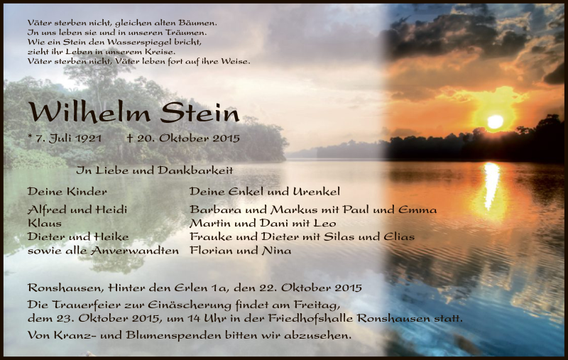 Traueranzeige für Wilhelm Stein vom 22.10.2015 aus HNA