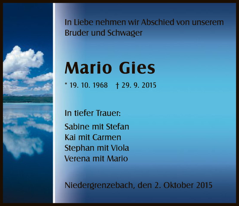  Traueranzeige für Mario Gies vom 02.10.2015 aus HNA