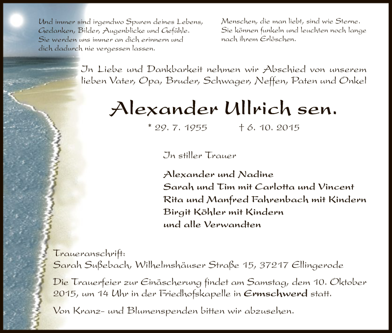  Traueranzeige für Alexander Ullrich vom 08.10.2015 aus HNA