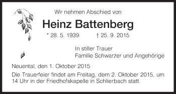 Traueranzeige von Heinz Battenberg von HNA