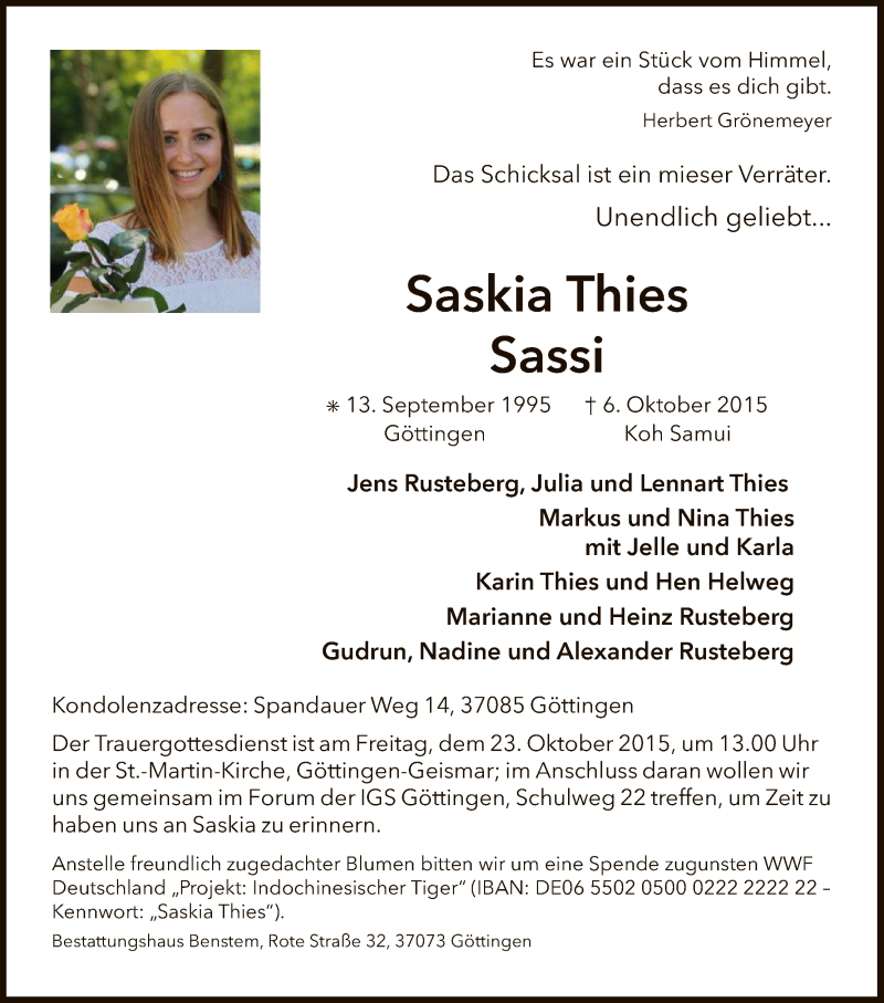  Traueranzeige für Saskia Thies vom 17.10.2015 aus HNA