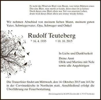 Traueranzeige von Rudolf Teuteberg von HNA