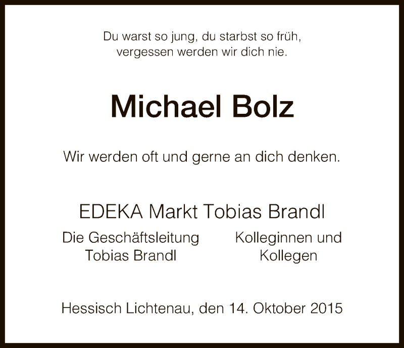  Traueranzeige für Michael Bolz vom 14.10.2015 aus HNA