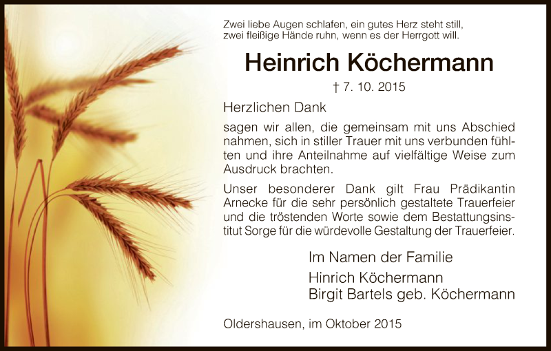  Traueranzeige für Heinrich Köchermann vom 31.10.2015 aus HNA