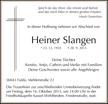 Traueranzeige von Heiner Slangen von HNA