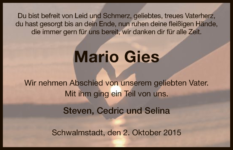  Traueranzeige für Mario Gies vom 02.10.2015 aus HNA