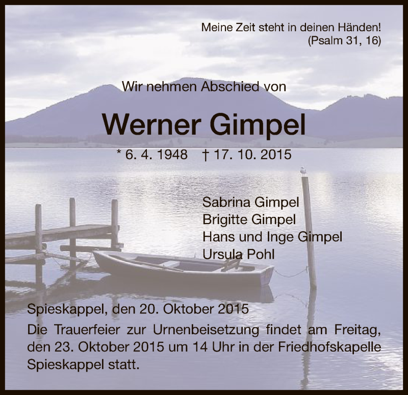  Traueranzeige für Werner Gimpel vom 20.10.2015 aus HNA