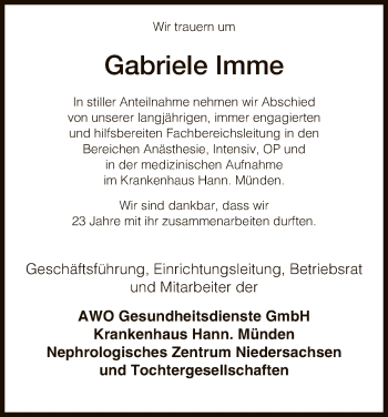Traueranzeige von Gabriele Imme von HNA