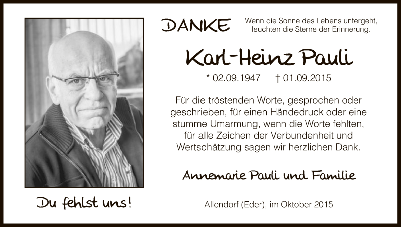 Traueranzeige für Karl-Heinz Pauli vom 09.10.2015 aus HNA