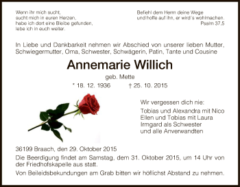 Traueranzeige von Annemarie Willich von HNA