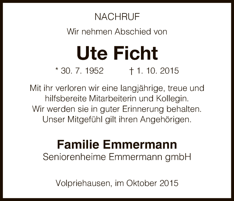  Traueranzeige für Ute Ficht vom 10.10.2015 aus HNA