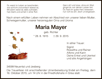 Traueranzeige von Maria Mayer von HNA