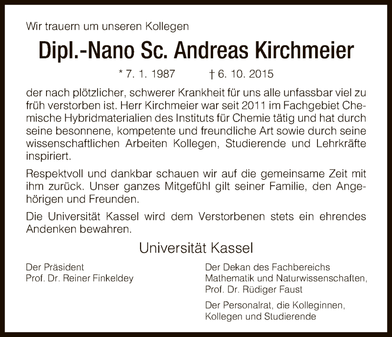  Traueranzeige für Andreas Kirchmeier vom 09.10.2015 aus HNA