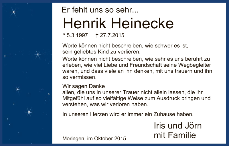  Traueranzeige für Henrik Heinecke vom 10.10.2015 aus HNA