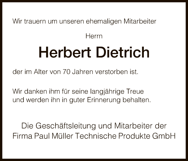  Traueranzeige für Herbert Dietrich vom 24.10.2015 aus HNA