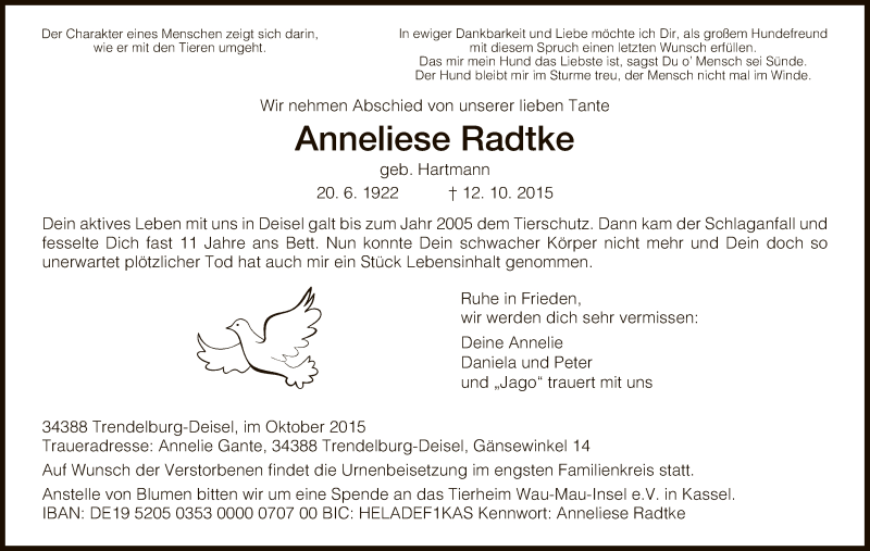 Traueranzeigen Von Anneliese Radtke Trauer Hna De