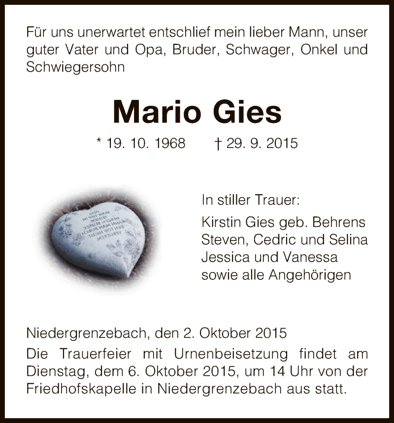 Traueranzeige für Mario Gies vom 02.10.2015 aus HNA