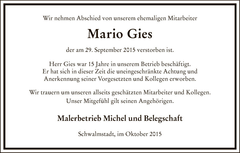  Traueranzeige für Mario Gies vom 03.10.2015 aus HNA