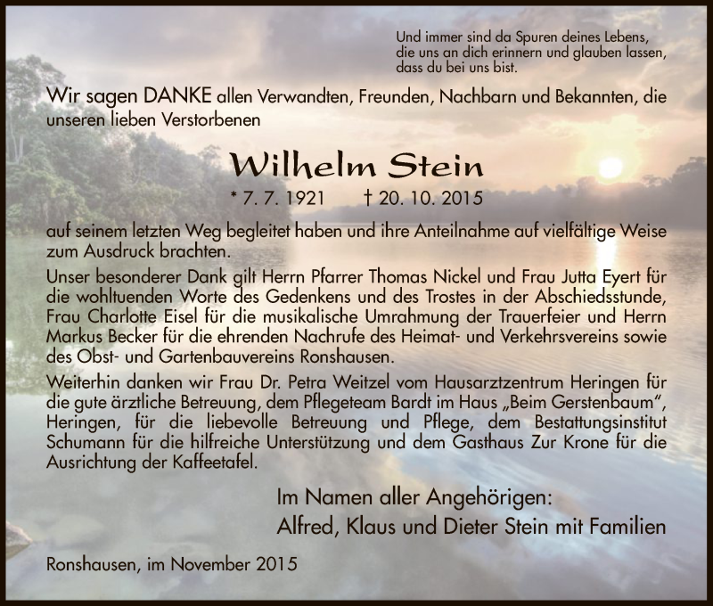  Traueranzeige für Wilhem Stein vom 21.11.2015 aus HNA