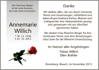 Traueranzeige von Annemarie Willich von HNA