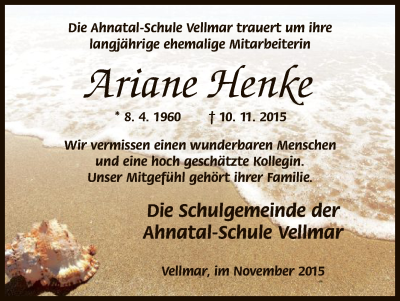  Traueranzeige für Ariane Henke vom 14.11.2015 aus HNA