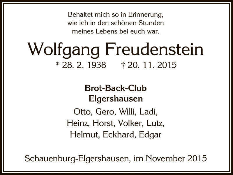  Traueranzeige für Wolfgang Freudenstein vom 25.11.2015 aus HNA