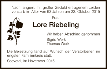 Traueranzeige von Lore Riebeling von HNA