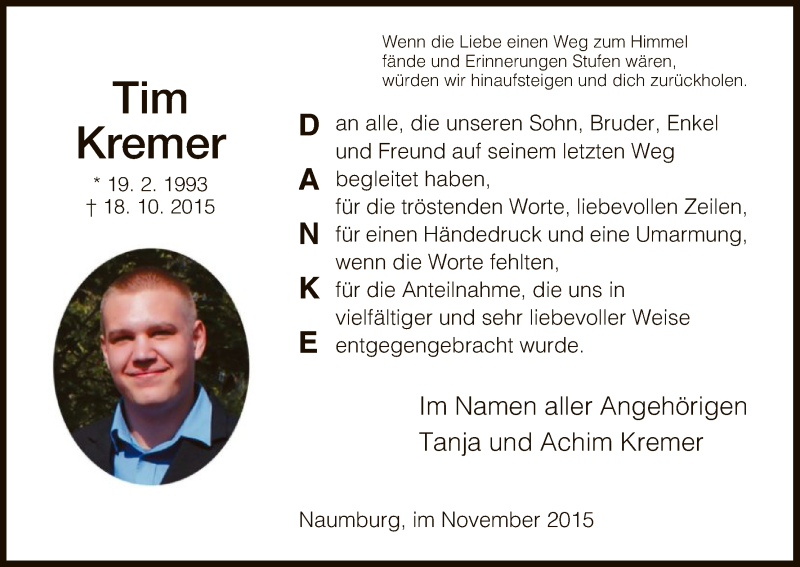  Traueranzeige für Tim Kremer vom 07.11.2015 aus HNA