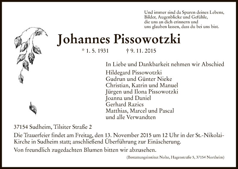  Traueranzeige für Johannes Pissowotzki vom 12.11.2015 aus HNA