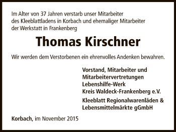Traueranzeige von Thomas Kirschner von HNA