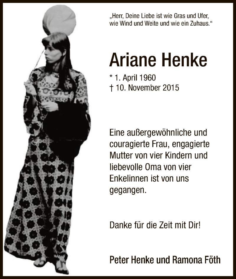  Traueranzeige für Ariane Henke vom 14.11.2015 aus HNA