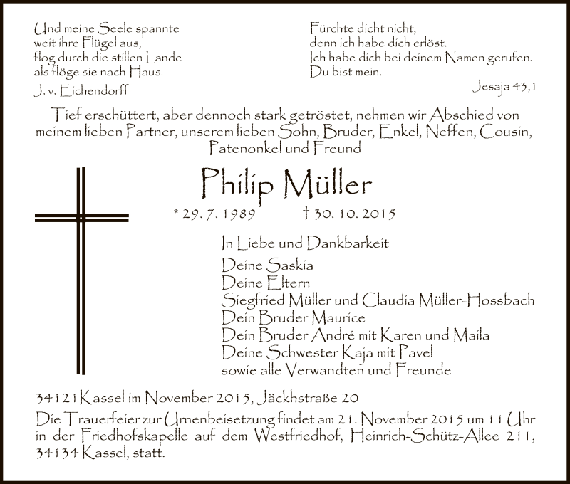  Traueranzeige für Philip Müller vom 14.11.2015 aus HNA